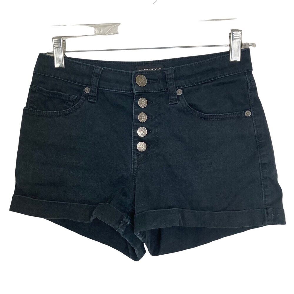Express Shorts Womens 0 Denim Button Fly Cuffed Black Stretch